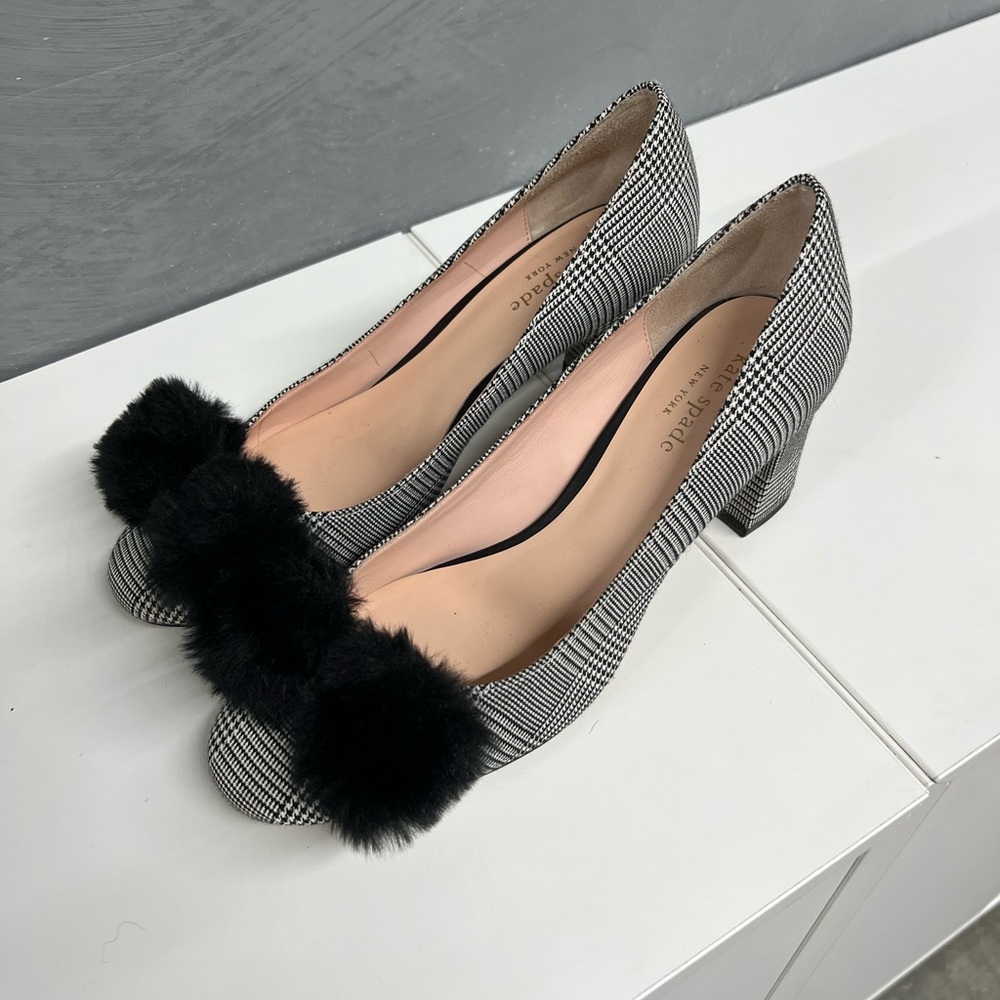 Kate Spade Fuzzy Bow Houdstooth Block Heels